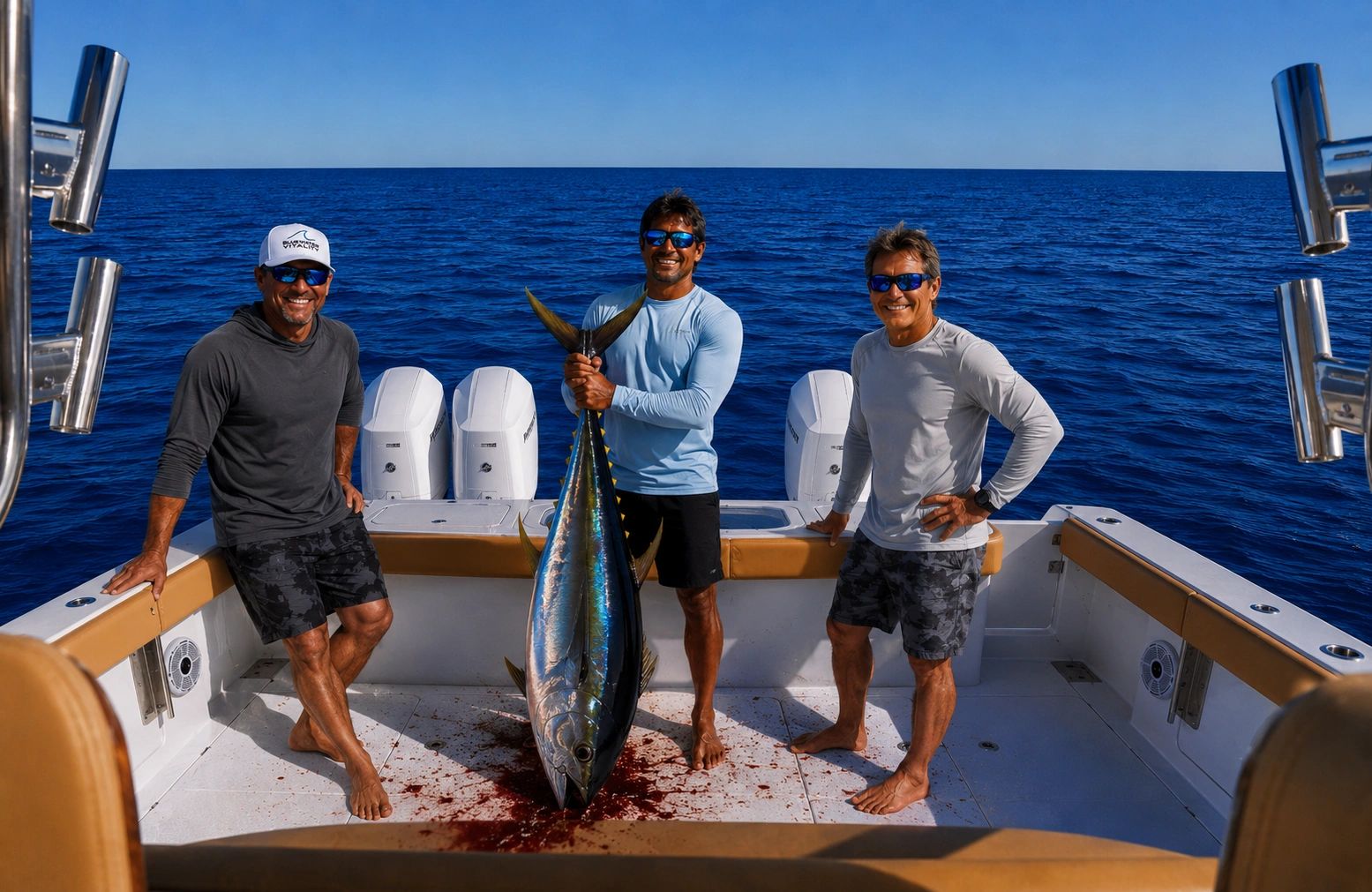Three men on a fishing boat with a large catch