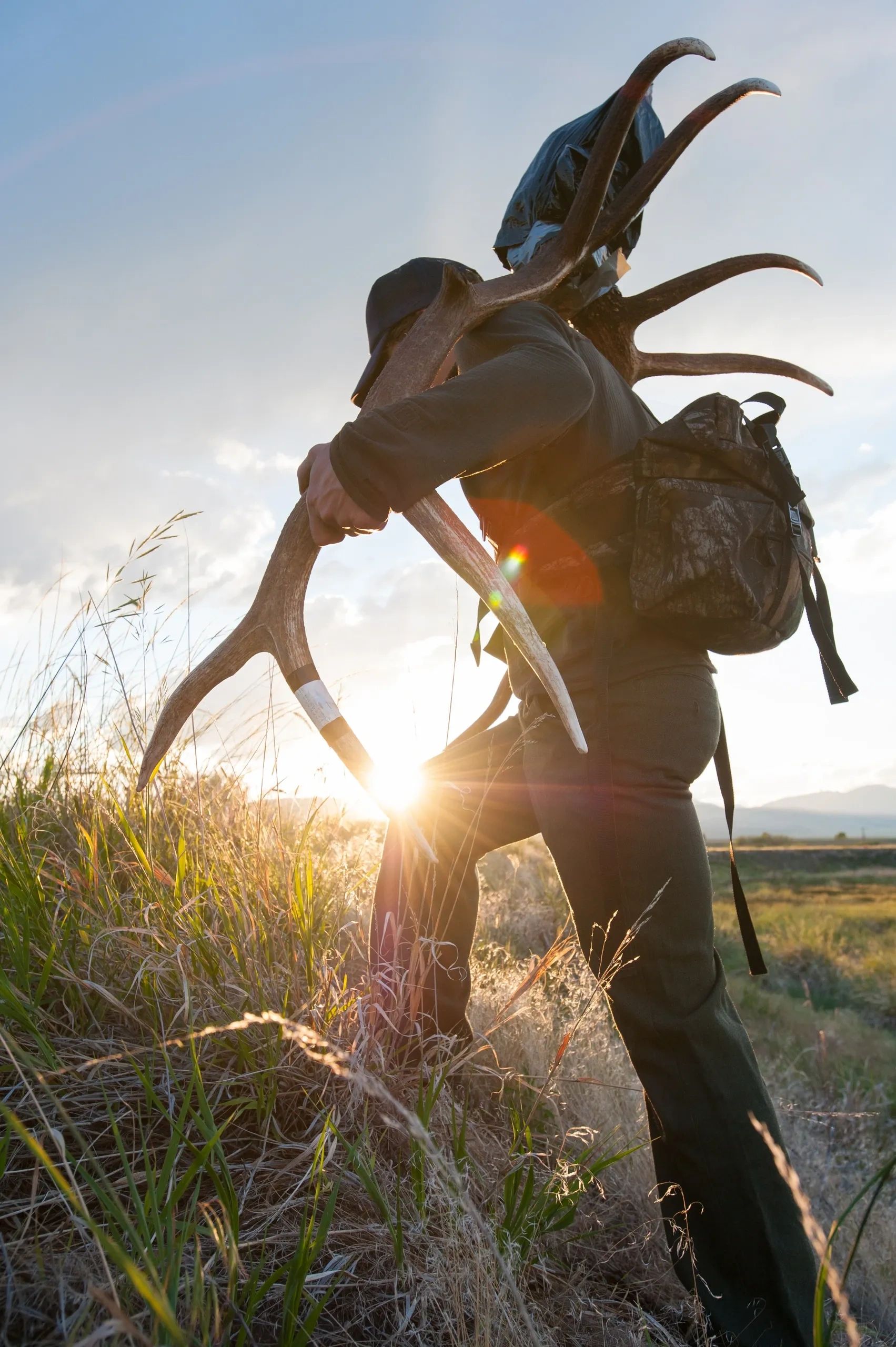 Hunter carrying trophy antlers at golden hour